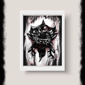 Può includere: Illustrazione in bianco e nero di una creatura grottesca con occhi multipli, una grande bocca e denti affilati. La creatura è raffigurata in un ambiente scuro e ombreggiato.