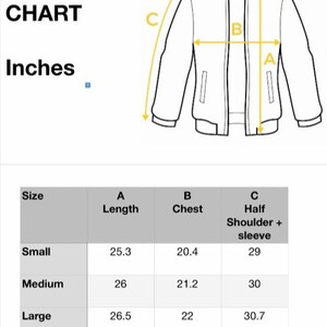 May include: A size chart for bomber jackets in inches. The chart shows the length, chest, and half shoulder plus sleeve measurements for sizes small, medium, large, and X-large.