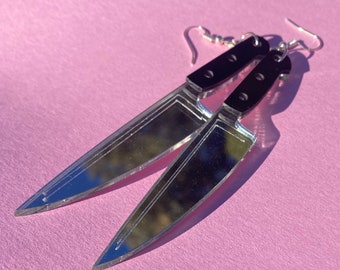 Silver Knife earrings blade holographic metallic acrylic punk handmade kawaii goth  iridescent geometric toy gift creepy sword