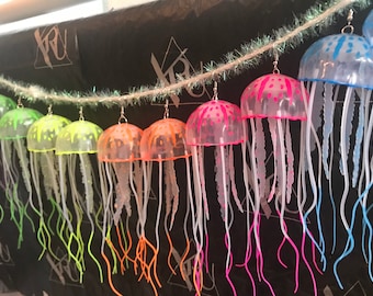 Electric UV glowing jellyfish handmade drop earrings boho gift kawaii harajuku festival rave rainbow neon silver keychain fluorescent animal