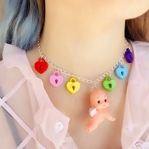 Rainbow lock heart flying angel kewpie doll baby charms silver choker chain pendant pastel pink valentines vintage kawaii preppy Japan