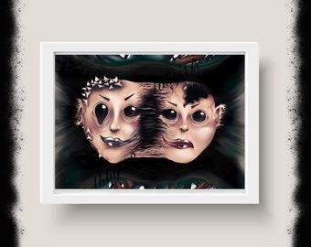 May include: A digital art print of two faces, one with a dark background and the other with a light background, both with exaggerated features and a distorted appearance.