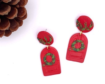 Christmas Earrings Stocking Stuffer / Door Wreath / Holiday Polymer Clay Dangle Jewelry / Gift for Her / Mom / Wife / Girlfriend / Friend