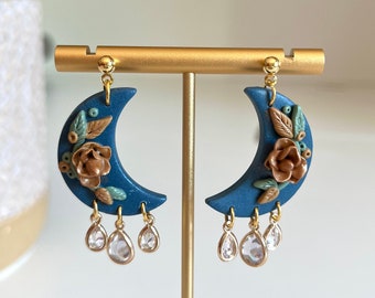 Crystal Moon Phase Clay Earrings / Dangle Polymer Clay Statement Jewelry / Gold Bronze With Glass Gem Pendant / Dramatic Witchy Aesthetic