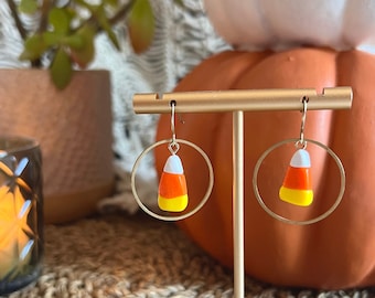 Cute Clay Candy Corn Halloween Hoop Earrings / Polymer Clay Jewelry for Women Girls / Simple Statement Thinking of You Gift