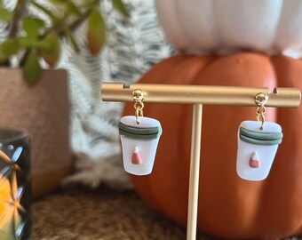 Coffee Earrings / Autumn Pumpkin Latte Dangles / Fun Cute Polymer Clay Fall Caffeine Jewelry Halloween Costume Ugly Sweater Party Accessory