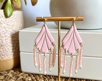 Light Pink Beaded Polymer Clay Earrings / Dainty Pink Art Deco Dangles with Brass Sunburst / Hypoallergenic Stainless Steel Posts
