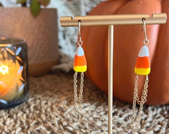 Candy Corn Delicate Gold Chain Earrings / Handmade Cute Party Dangle Jewelry / Quirky Autumn Gift October Birthday / Lightweight Nickel Free