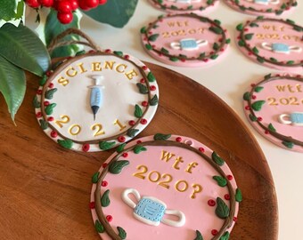 2 Ornaments Bundle Set WTF 2020 & COVID Vaccine Science 2021 / Cute Clay Christmas Pandemic Gift Funny Holiday Decor Handmade White Elephant