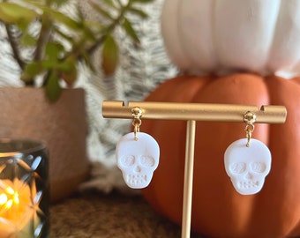 Small Skeleton Dangle Earrings / White Clay Skull Jewelry / Simple Minimalist Fall Dark Spooky Season Aesthetic / Halloween Party Costume