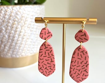 Orange 90s Clay Dangle Earrings / Gold Retro Nostalgia Pattern / Fun Cute Party Jewelry / Loud Jazzy Statement Piece for Her 90’s