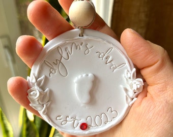 New Dad Clay Ornament / Personalized Custom Name & Birthstone / Handmade Footprint Stemp 1st Christmas as Father / Rad Cool Personalized