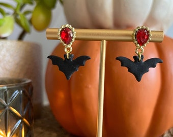 Vampire Bat Earrings with Blood Red Gold Jewel Post / Dracula Vampyre Fangs Polymer Clay Halloween Jewelry Transylvania Castle Costume Party