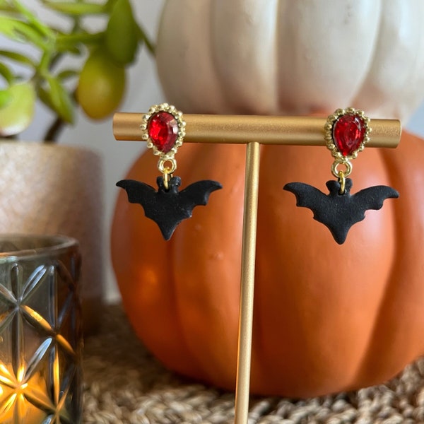 Vampire Bat Earrings with Blood Red Gold Jewel Post / Dracula Vampyre Fangs Polymer Clay Halloween Jewelry Transylvania Castle Costume Party