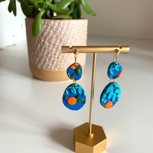 Polymer Clay Orange Fruit Earrings / Bright Neon Vibe / Blue Teal Citrus Organic Shape / Trendy Fruit Aesthetic / Lightweight Hypoallergenic