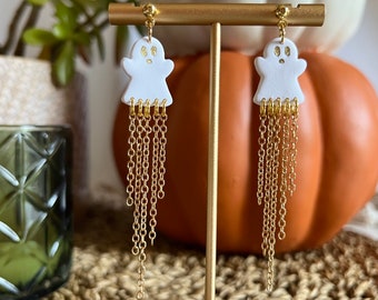 White Ghost Dangle Earrings / Gold Chains / Small Polymer Clay Ghoul Halloween Jewelry / Witchy Fairy / Faerie Costume Party Accessory Gift