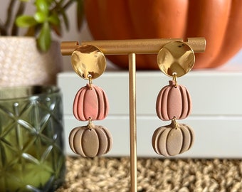 Pumpkin Silhouette Earrings with Shiny Gold Post / Stacked Fall Squash Muted Boho Colors / Fall Family Fun Party Aesthetic / Polymer Clay