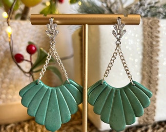 Green Jade Subtle Shimmer Art Deco Shell Earrings / Christmas Holiday Style Dangles with CZ Sparkle Nickel Free Posts / Upcycled Chains