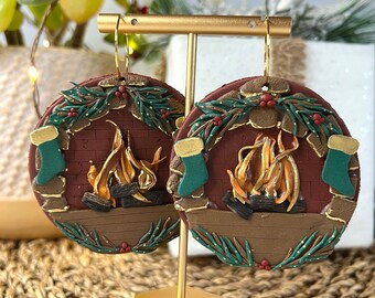 Christmas Fireplace Maximalist Earrings / Large Bold Intricate Dangles / Xmas Stockings Winter Holiday Scene Ambiance / Circle Polymer Clay