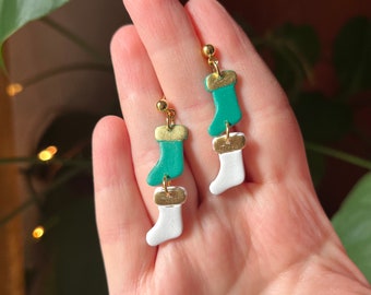 Christmas Stocking Earrings / Dangle Green Gold White Xmas Festive Dangles / Cute Trendy 2023 Gift / Secret Santa White Elephant 20 Dollars