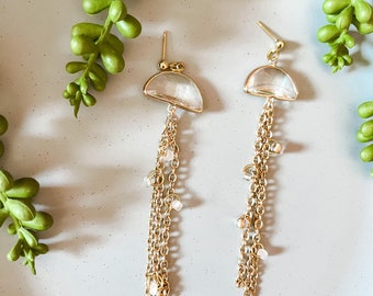 Jellyfish Theme Dangle Earrings / Gold Glass Mermaid Inspo Ocean Cosplay Jewelry / Shimmery Beaded Drop / Summer Beach Style Aesthetic