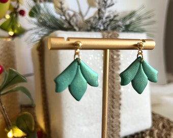 Art Deco Leaves / Green Jade Subtle Shimmer Leaf Earrings / Elegant Christmas Holiday Party Dangles with Gold Colored Stainless Steel Posts
