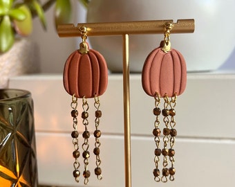 Gold Pumpkin Dangle Earrings / Handmade Polymer Clay Beaded Fall Jewelry / Amber Autumn Fun / Gold and Muted Orange Shimmery Drop Earrings