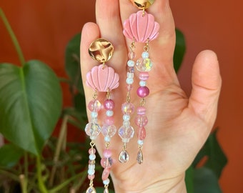 Mermaid Cosplay Dangle Earrings / Polymer Clay Seashell, Beads, and Glass Teardrop Statement Jewelry / Whimsical Summer Ocean Maximalist