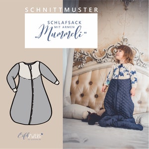 May include: A sewing pattern for a sleeping bag with arms, called "Mümmeli". The pattern is illustrated with a grey sleeping bag with white accents. The pattern is from Eiflzwerg by yvonne.de.