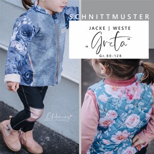 Könnte beinhalten: Ein Schnittmuster für eine Jacke oder Weste namens "Greta" in den Größen 80-128. Das Muster zeigt einen Blumendruck in Rosa- und Blautönen. Das Bild zeigt zwei Kinder, die die fertigen Kleidungsstücke tragen.