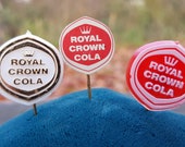 Set of 3 Vintage 1960s Royal Crown Cola Pin Badges - One Metal and Two Plastic