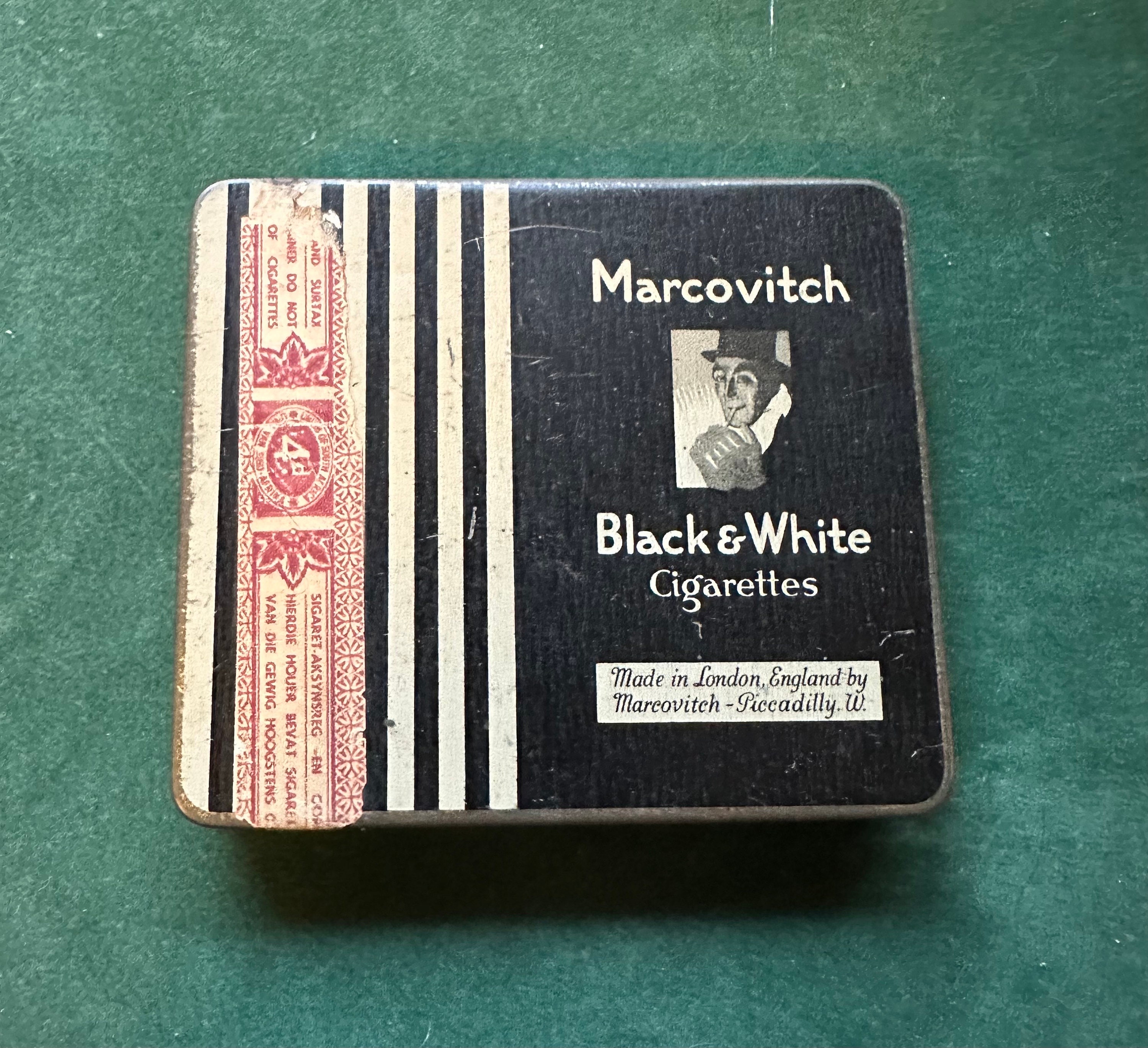 marcovitch cigarettes Vintage Marcovitch 'black & White' Flat 20 Cigarette Tin (south African  Export Version)