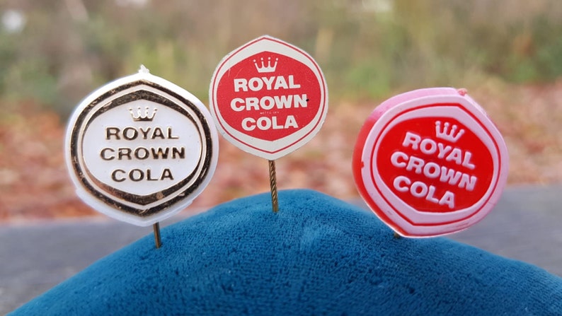 Set of 3 Vintage 1960s Royal Crown Cola Pin Badges One Metal and Two Plastic