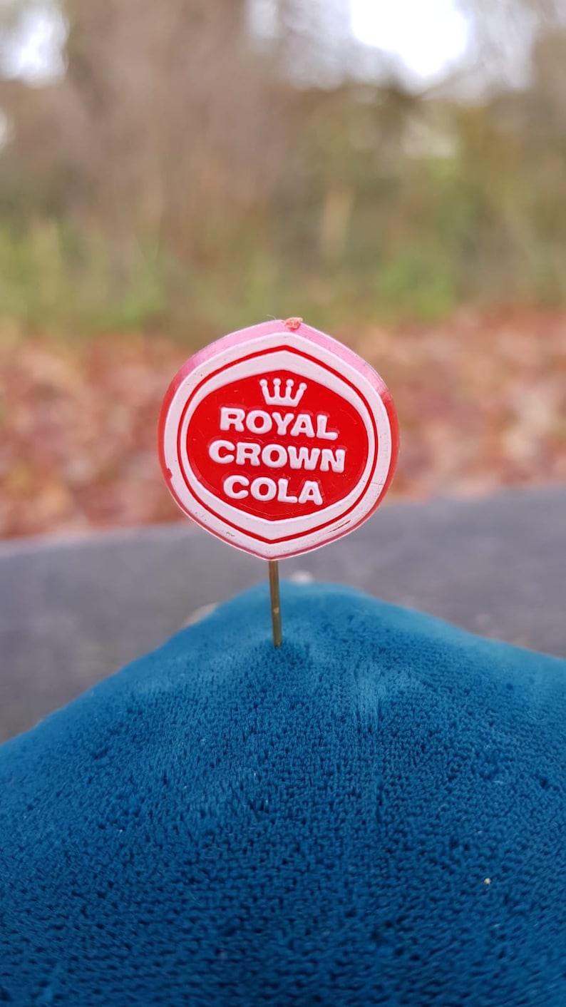 Set of 3 Vintage 1960s Royal Crown Cola Pin Badges One Metal and Two Plastic
