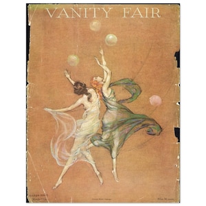 Op de afbeelding: Vanity Fair magazine cover met twee vrouwen in vloeiende jurken die doorschijnende bollen jongleren. De cover heeft een sepia-tint met de titel "VANITY FAIR" bovenaan. Het kunstwerk is gesigneerd door de kunstenaar en gedateerd maart 1919.