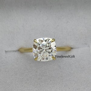 1,70 kt (7 mm) kussen Moissanite & Lab Grown Solitaire-verlovingsring, 14 kt / 18 kt geelmassief gouden ring / 925 sterlingzilveren ring/platina ring