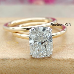 Certified 3.30Ct Elongated Cushion Cut Lab Diamond Engagement Ring And Band-Solitaire Ring Set-2 Tone Solid Gold Ring And Band-Platinum Ring