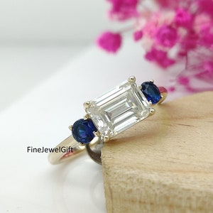 3 Stone 6x8 MM Emerald Cut Lab Grown & Moissanite 3.5 MM Each Round CZ Sapphire Solitaire Engagement Platinum Ring/ 14K/18KYellow Gold Ring