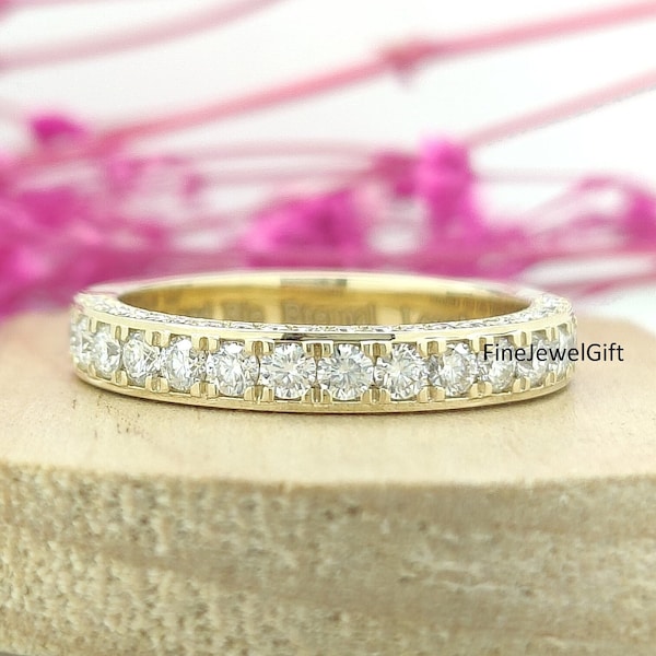 1.10 Ct Brilliant Round cut moissanite Channel Set Wedding Band/925 Sterling Silver Band/Solid Yellow Gold Band/3 MM Each Stone/Gift Ring