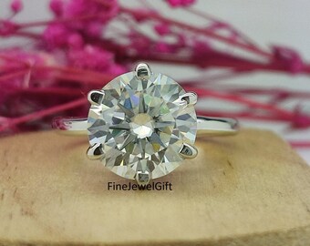 3.80 Ct (10MM ) Round Cut Real Moissanite Ring/Solitaire Engagement Ring/Silver Ring/Solid White Gold Ring/Big Moissanite Ring/CZ Ring