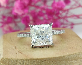 8 MM (3ct)Colorless Princess Cut Real Moissanite Ring/14K/18k Solid White Gold Ring/Hidden Halo With Prong Engagement Ring/925 Silver Ring