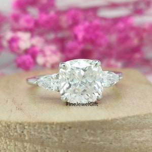 2.90TCW(8MM Cushion)(5x3 Pear) Moissanite & Lab Grown Engagement Ring/Solid White Gold Ring/Anniversary Gift Ring/925 Sterling Silver Ring