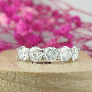 5 Stone 2.50 Ct (5 MM Each)VVS1 Real Lab Diamond-Moissanite Solitaire Wedding Band/Solid White Gold Band/925 Silver Band/Half Eternity Band
