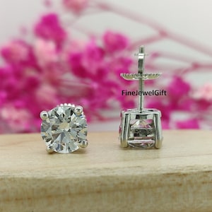 3Ct Round Cut Real Moissanite And Lab Diamond Solid Gold Engagement And Wedding Screw Back Stud Earring/CZ Earring/Birthday Gift Earring