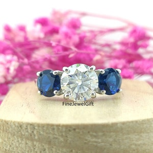 3 Stone 3.50 Ct(8 MM Center)Round Cut Moissanite & Lab Diamond Engagement Prong Ring/Solid White Gold Ring/White And Sapphire Ring/Gift Ring