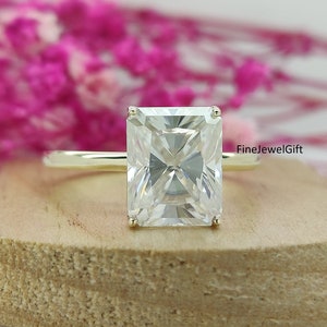 Anillo de compromiso con solitario de diamante de laboratorio y moissanita de corte radiante de 8 x 10 mm (3,50 quilates), Anillo de oro amarillo sólido, Anillo de platino para anillo de regalo, Anillo de circonita cúbica