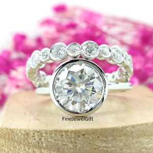 3.50Ct (9.5 MM) Round Cut All Lab Diamond- Moissanite Bezel Anniversary Ring Set-Bridal Ring Set-14K/18K Solid Gold Ring -Silver Ring Set