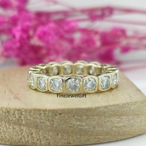 3Ct (3MM Each) Cushion Cut Real Moissanite & Lab-Grown Bezel Full Eternity Wedding Band/14K/18K/Platinum Solid Gold /925 Sterling Silver