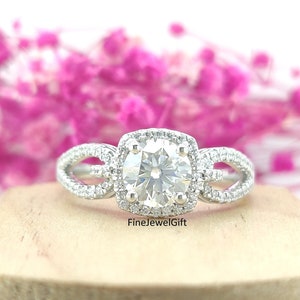 Anillo redondo de moissanita de 1,30 (7 mm) cultivado en laboratorio, Anillo de oro blanco sólido, Anillo de plata 925, Anillo de aniversario, Anillo de regalo moderno, Anillo retorcido para ella