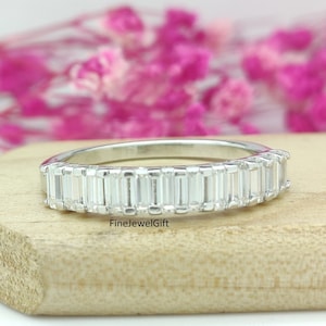 1.80 Ct 12 Stone Solid White Gold Band (2x4 Each) Emerald Cut Real Moissanite And Lab Grown Wedding Band-925 Sterling Silver Wedding Band